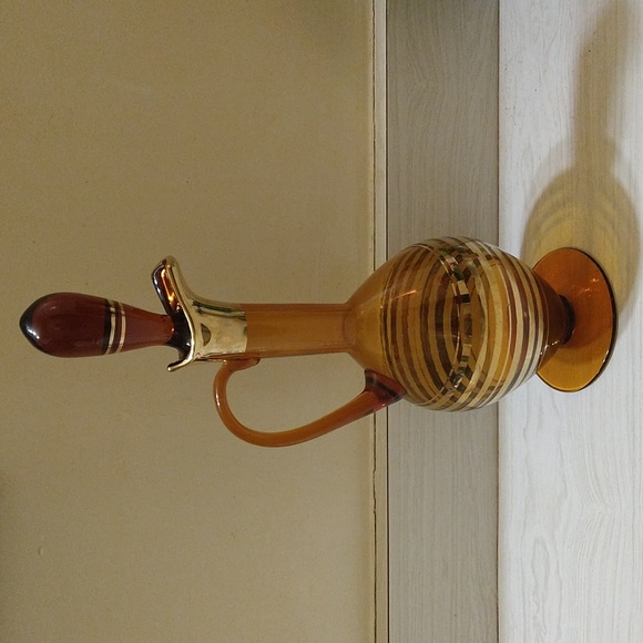 Vintage Art Deco 1920's/30's MCM Amber & Gold Striped Tall Wine Decanter - Picture 5 of 5